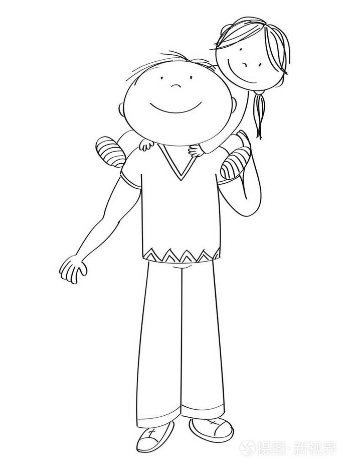 插画 快乐的父亲背着小孩, 他的女儿, 在他的肩膀上.