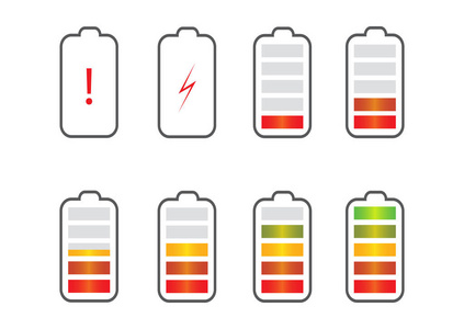 电池充电状态指示器图标。设置不同级别的充电电话的电池。矢量插图