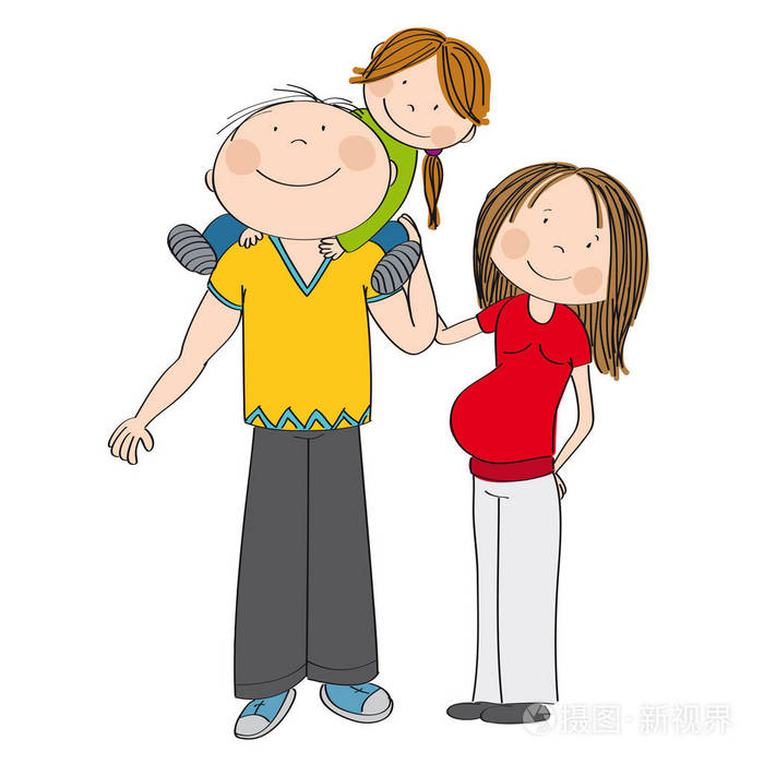 怀孕的母亲站在他们旁边, 感到高兴.手绘插图原件