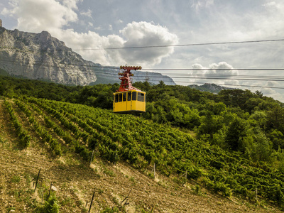 黄色客舱缆车运送人到山顶在夏天季节