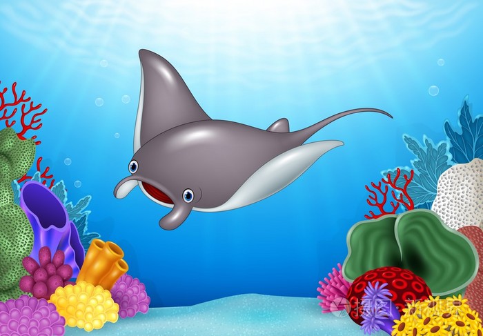 与在海洋水下珊瑚礁卡通黄貂鱼