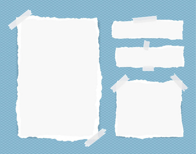 不同尺寸白注 笔记本 字表，带平方的蓝色背景上的胶带粘在一起