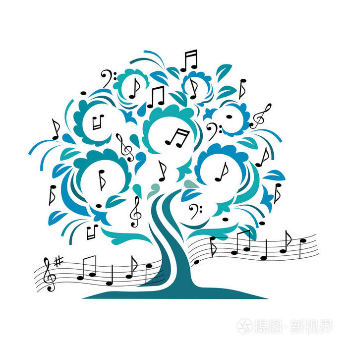 带有卷发和音符的音乐树.老式矢量插图插画-正版商用图片0q5447-摄图