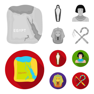 和连枷, 金色面具, 埃及人, 木乃伊在坟墓里。古埃及集图标为单色, 平面式矢量符号股票插画网
