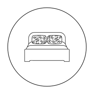 在白色背景上孤立的大纲样式的木制双人床图标。家具和家居室内符号股票矢量图