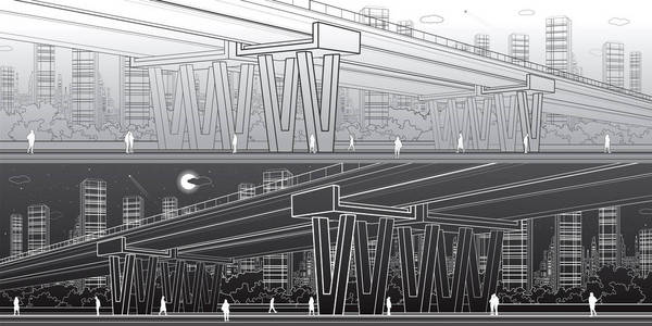 天桥，建筑和基础设施的全景，运输立交桥 高速公路 城市场景 人走，夜晚的城市背景 光明和黑暗版本，矢量设计艺术