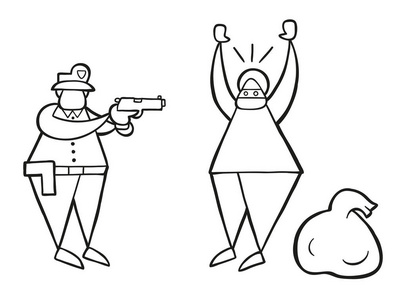 矢量插画卡通小偷脸上蒙面和麻袋被警方抓获照片