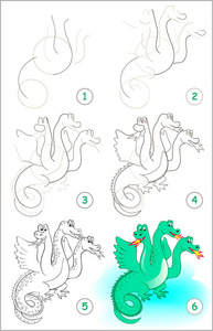 页面显示如何逐步学习画一只可爱的龙。培养儿童绘画和着色技能。矢量图像