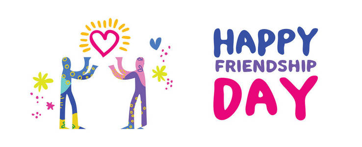 快乐友谊日网页横幅插图, 手绘朋友分享爱在丰富多彩的抽象艺术风格。Eps10 矢量