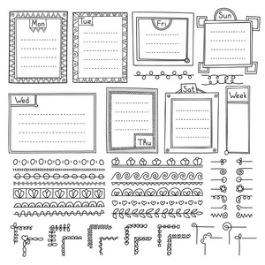 为笔记本日记和规划师手工绘制矢量元素。在白色背景上的涂鸦横幅。注释列表帧分隔符角
