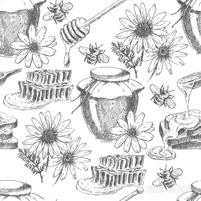 插画 矢量蜂蜜无缝图案 手画的罐子勺子.eps