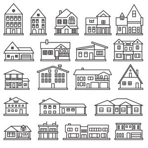 大厦, 家和房子稀薄的线图标设置。矢量图标