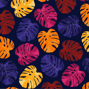 深蓝色背景下的彩色热带树叶插图