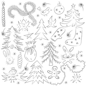 手绘有趣涂鸦圣诞素描集。儿童图纸的枞树 礼品 蜡烛 玩具 天使星星和雪花。完美的节日设计