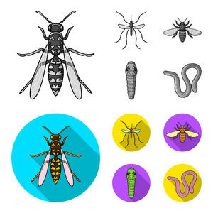 蠕虫, 蜈蚣, 黄蜂, 蜂, 大黄蜂。昆虫集合图标单色, 平面式矢量符号股票插画网站