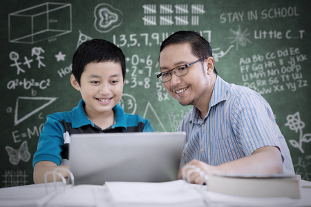 青春期学生用笔记本电脑和老师坐在教室里, 黑板上涂鸦的肖像