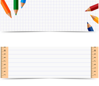 彩色铅笔和标尺在白色格子背景, 学校概念, 向量例证