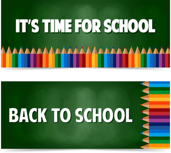 绿色黑板上的彩色铅笔横幅, 矢量插图, 回到学校文本