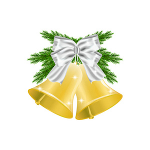冷杉 Brances 和金色圣诞钟与红丝带和弓。圣诞装饰。在白色背景上隔离的矢量插图