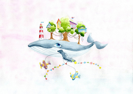 仙女鲸鱼与一个小镇在后面和飞机在天空中.水彩画手画插图照片
