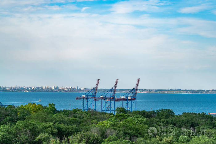 无工作的起重机在一个空的口岸。海景