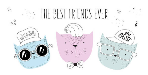 矢量海报与线条画时髦的猫与凉爽的口号。涂鸦插图。友谊日, 情人节, 周年纪念日, 生日, 儿童或青少年聚会