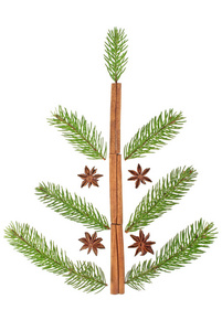 圣诞树由冷杉的树枝和肉桂棒。何