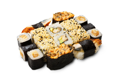 一整套寿司 maki 和卷在白色孤立