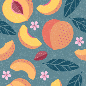桃无缝图案。全切桃子, 叶子和花朵在破旧的背景。原始简单的平面插图。破旧的风格