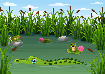 卡通鳄鱼和青蛙在池塘里图片