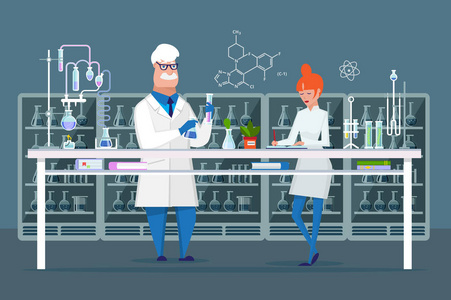 化学实验室的科学员工。房间设备烧瓶内部