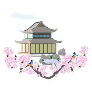日本宝塔, 樱花枝。向量