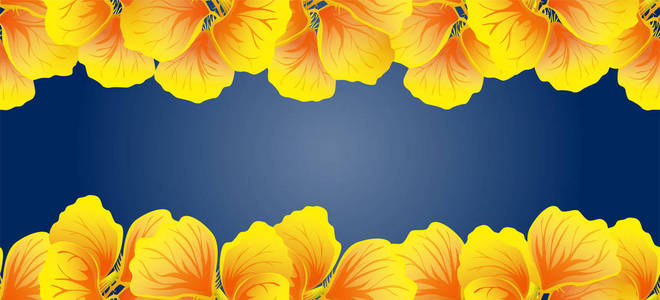 金莲无缝边框。黄色的花朵。美丽的水平旗帜。深蓝色背景。贺卡, 请柬, 海报, 问候设计。矢量插图。异国情调的模板。装饰花框