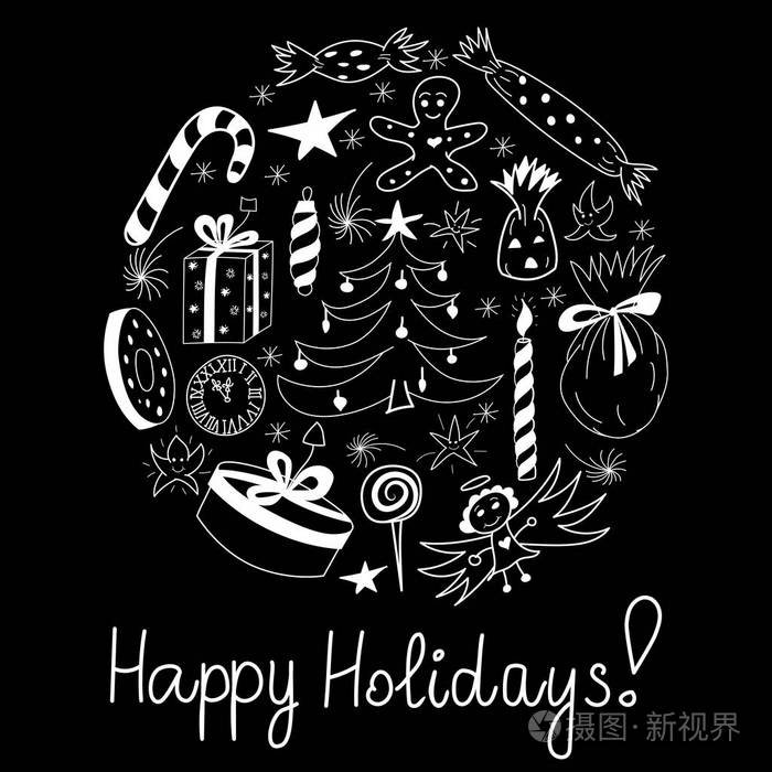 节日快乐手绘有趣涂鸦假日集与糖果礼品 蜡烛 杉树 天使 星星 雪花。孩子们可爱的图纸排列的黑色圆圈。完美的节日设计