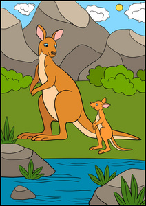 卡通动物.袋鼠妈妈和她可爱的小袋鼠照片