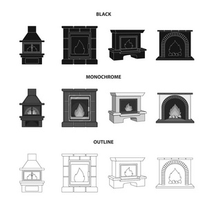 火, 温暖和舒适。壁炉集图标黑色, 单色, 轮廓样式矢量符号股票插画网站