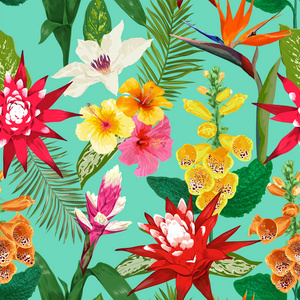热带花卉无缝图案。夏季花卉背景与虎百合花和 Hibiskus。水彩绽放设计墙纸, 布料。矢量插图
