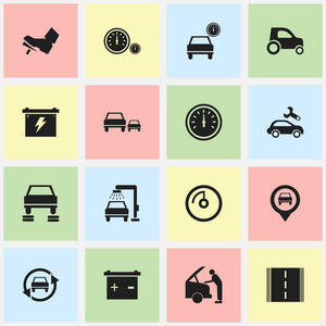 16 可编辑交通图标集。包括蓄电池 汽车 速度控制和更多的符号。可用于 Web 移动 Ui 和数据图表设计
