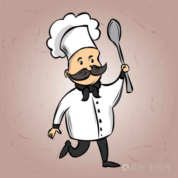 可爱厨师长着小胡子,一个巨大的勺子