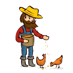 卡通农夫喂养小鸡照片
