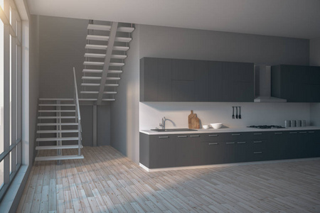 新阁楼厨房内有楼梯, 城市景观, 日光和家具。风格和设计理念。3d 渲染