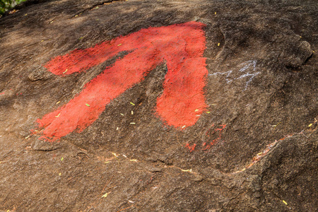 在岩石上的箭头显示远足小径的方向。Pidurangala 岩石, 斯里兰卡