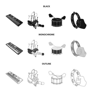 合成旋律, 风笛苏格兰和其他网页图标黑色, 单色, 轮廓风格。鼓, 鼓卷, 手里的铃鼓图标集合收藏