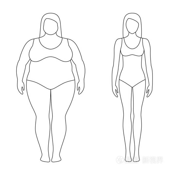 体重下降前后女性的轮廓图.女性身体.成功的饮食和体育概念.