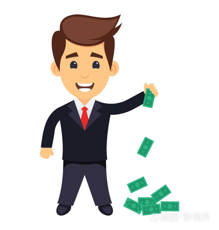 以现金货币显示企业利润概念的卡通人物