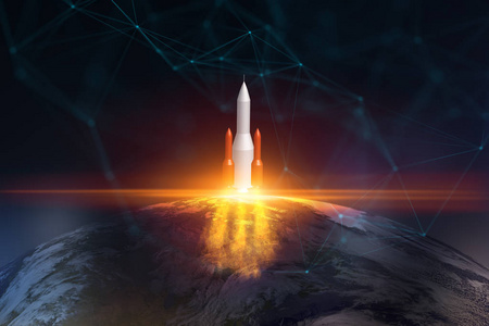 用地球模糊空间背景发射火箭的抽象图像.启动和未来的概念.