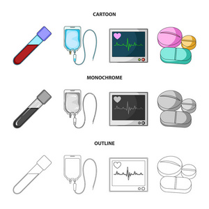 片剂等设备。医学集合图标在卡通, 轮廓, 单色风格矢量符号股票插画网站