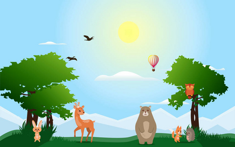 孩子们在森林里和可爱的动物合影.儿童书矢量插画照片