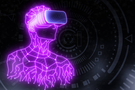 抽象电路机器人与虚拟现实玻璃。技术未来和游戏概念。3d 渲染