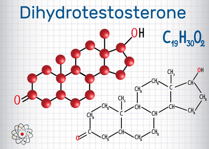 Dihydrotestosterone 双氢睾酮 androstanolone, 内源性雄激素结构化学公式和分子模型。一张